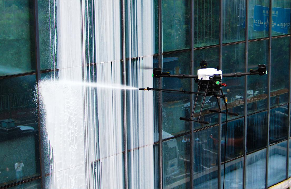 HoverWash drone cleaning a curtain wall facade