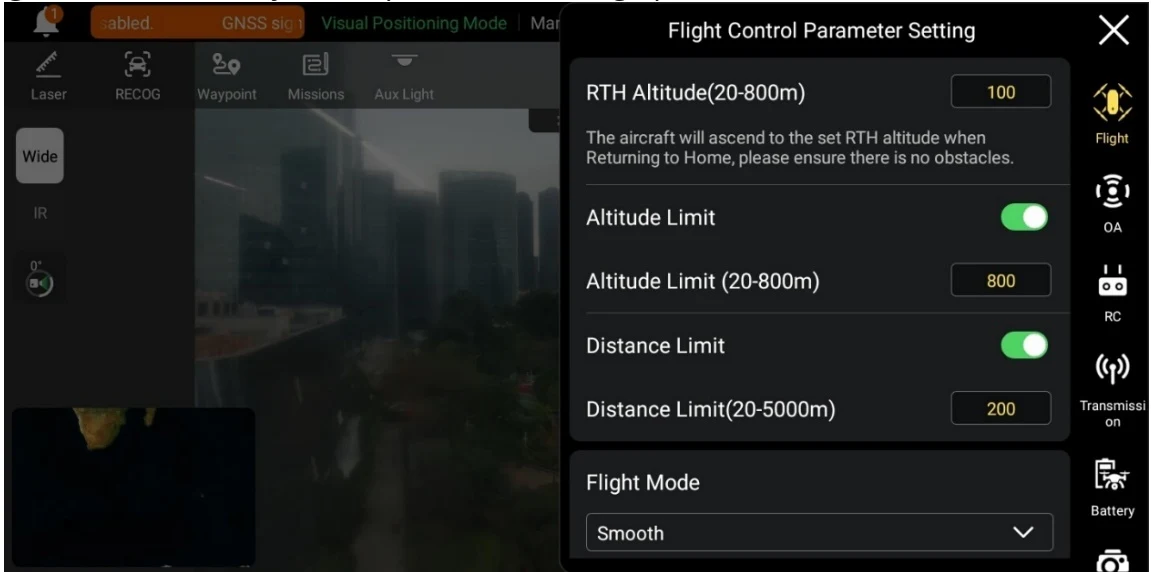 "Flight Control Parameter Setting" interface